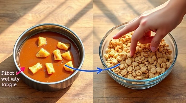 Side-by-side comparison showing the moisture content in best wet cat food versus dry kibble