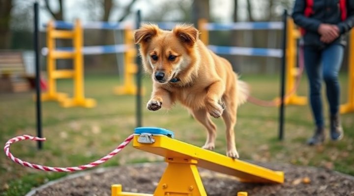 A small mixed-breed dog carefully walking on a seesaw in agility training