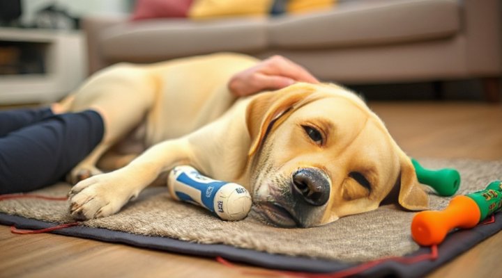 A calm dog relaxing with its owner after successful behavior training