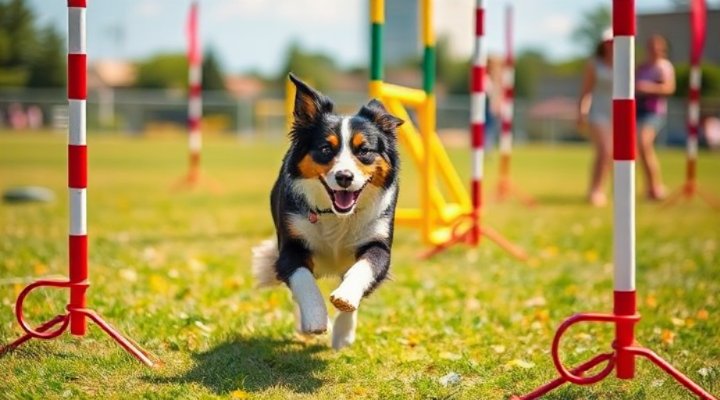 A Border Collie expertly weaving through poles during agility training