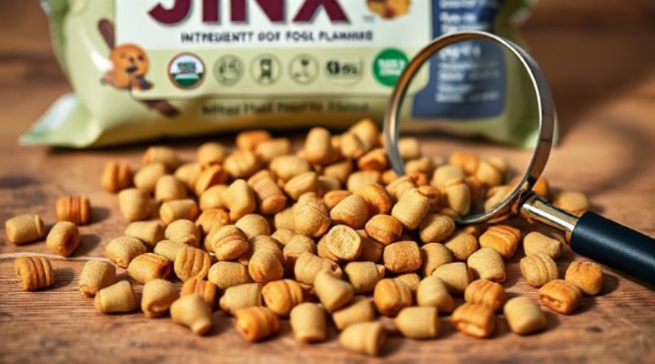Close-up view of Jinx dog food kibble and packaging showing ingredient list