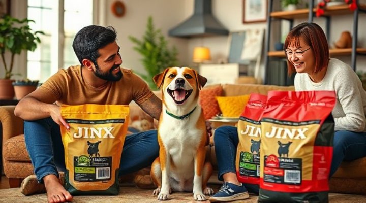 A loving family discussing Jinx dog food options with their happy dog in the living room