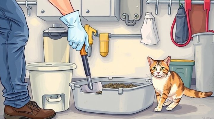 Dedicated pet owner maintaining litter box cleanliness post-training