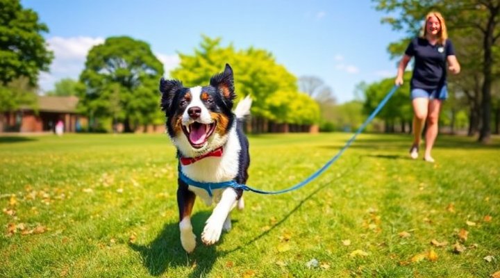 An energetic dog enjoying a sunny walk in the park after a meal of Jinx dog food