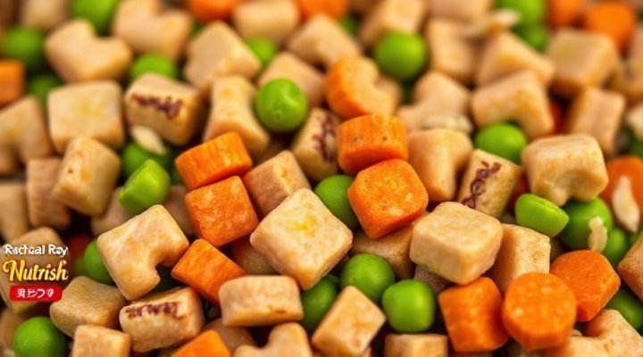 Close-up view of Rachael Ray Nutrish dog food ingredients, highlighting natural components like real meat and vegetables