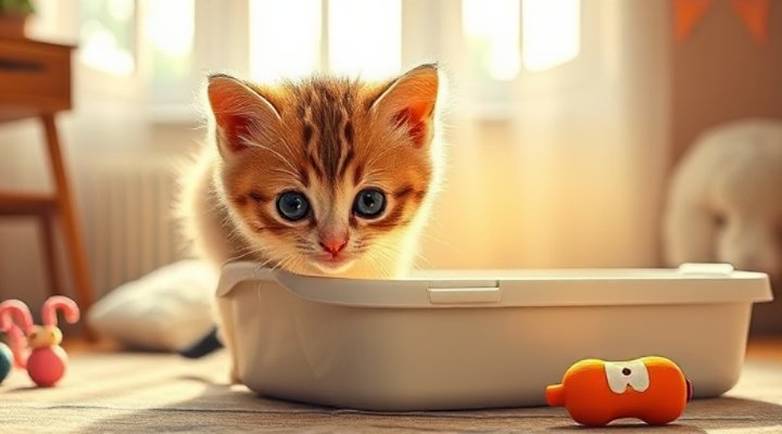Adorable kitten sniffing a clean litter box during training