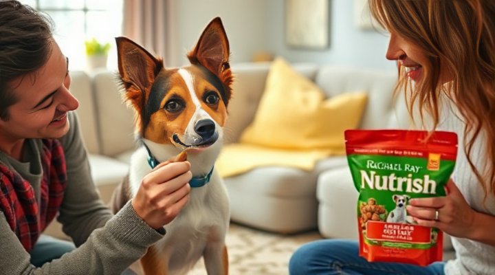 A caring owner feeding their dog Rachael Ray Nutrish food, emphasizing the bond and health benefits