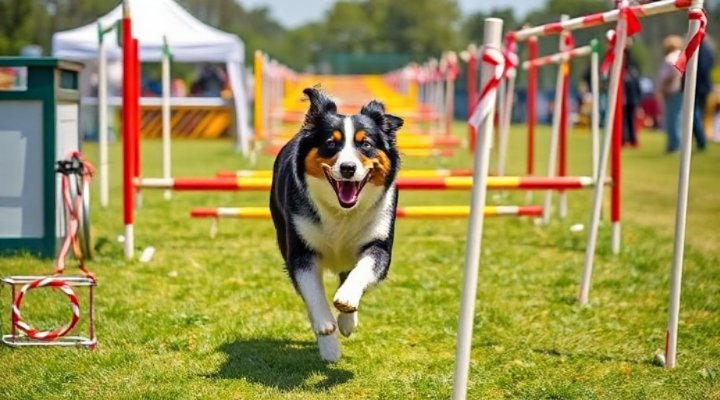 A fast Australian Shepherd running through a series of agility obstacles