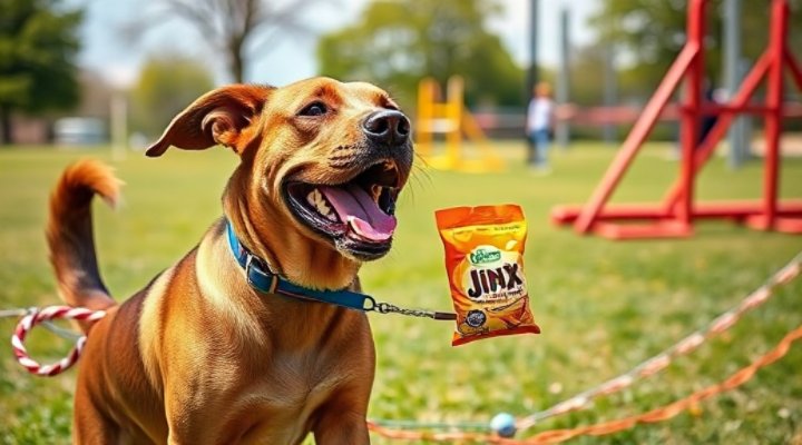 A happy Labrador retriever enjoying a Jinx dog food reward after completing an agility course