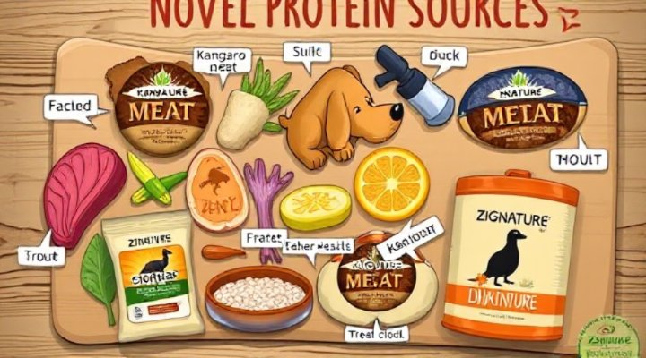 Illustration of novel protein ingredients like kangaroo and duck in Zignature dog food