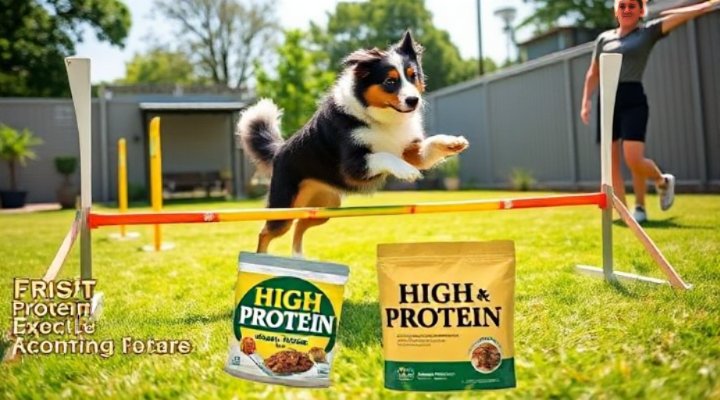 Active dog performing agility exercises with owner, supported by high protein diet