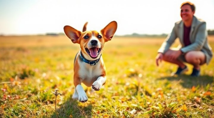 An excited dog running towards the owner after hearing the come command in an open field