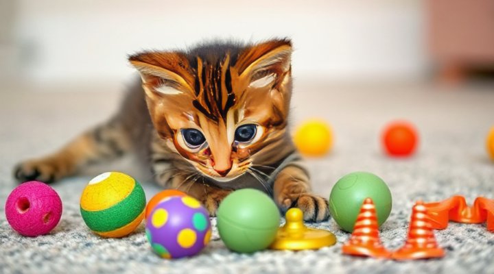 A playful tabby kitten batting at colorful toys and reacting to gentle sounds, illustrating exposure to new experiences