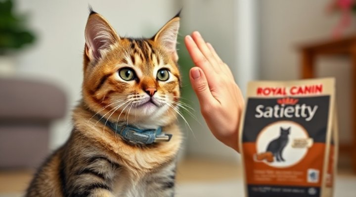 An adorable tabby cat successfully completing a high-five trick during training session with Royal Canin satiety diet rewards