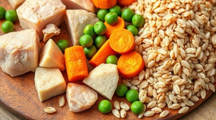 Detailed view of high protein dog food ingredients for active dogs