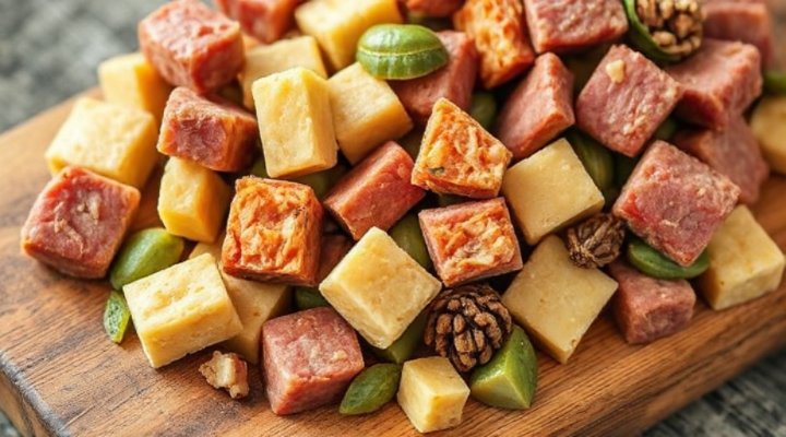 Close-up of freeze dried raw dog food showing meat, vegetables, and natural ingredients