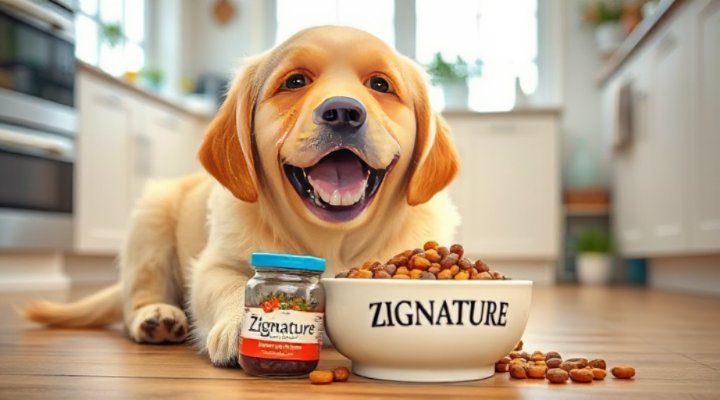 A cute dog enjoying Zignature dog food, showcasing novel protein sources in a colorful bowl