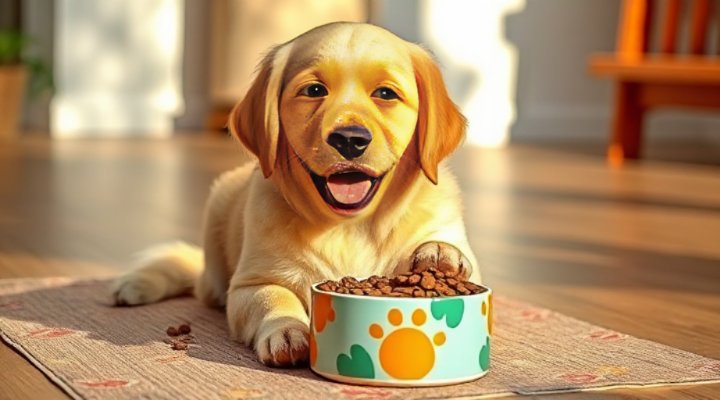 Adorable golden retriever puppy eagerly eating high protein dog food from a ceramic bowl during training session