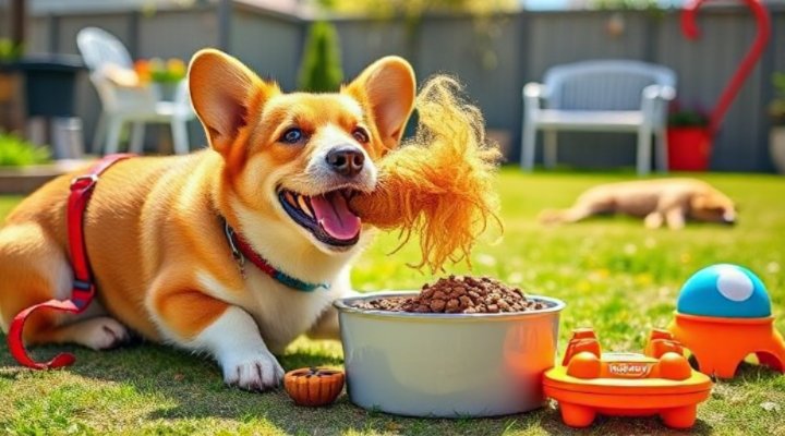 A happy dog eating Dr Harvey food during a training break, showing the link between nutrition and behavior