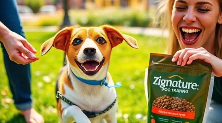 A playful beagle dog enjoying Zignature dog food during a training session, demonstrating skill development in feeding and behavior