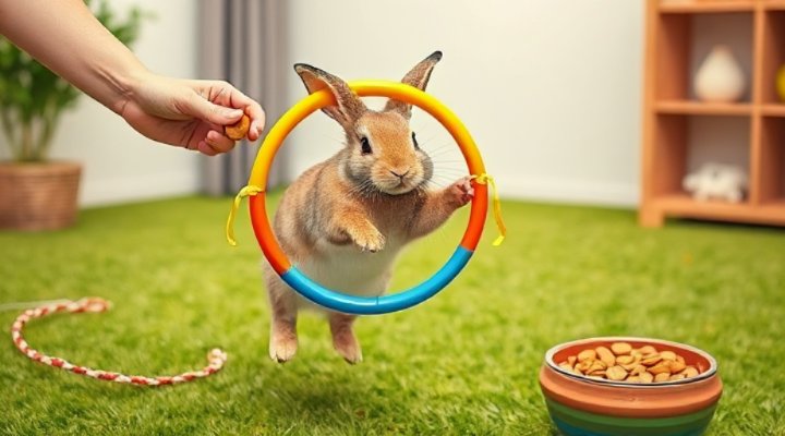 A playful rabbit hopping through a mini hoop as part of trick training, showing progress in skill building