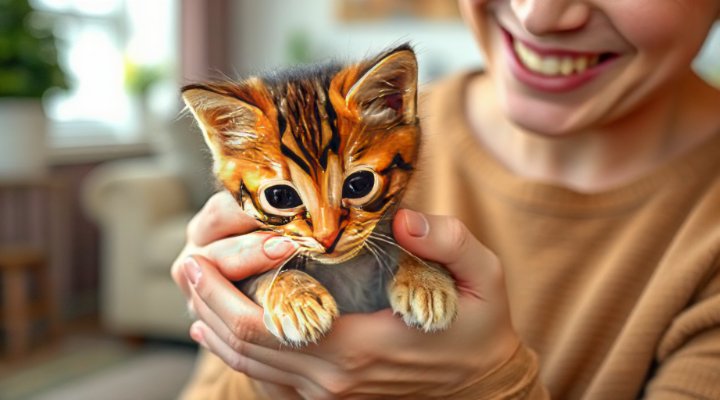 A loving interaction between a kitten and a caring person