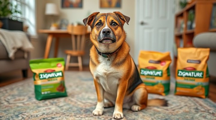 A skilled dog successfully performing a sit-stay command after training with Zignature dog food