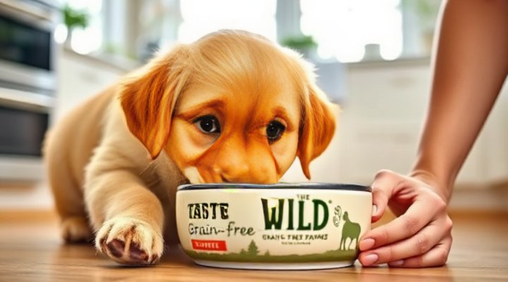 A cute golden retriever puppy enjoying Taste of the Wild grain-free dog food during a training session