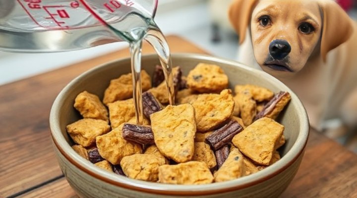 Close-up of freeze dried raw dog food being rehydrated with water in a bowl, showing the transformation process