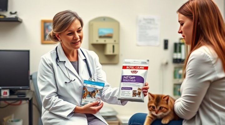 Professional veterinarian explaining Royal Canin nutritional benefits to cat owner