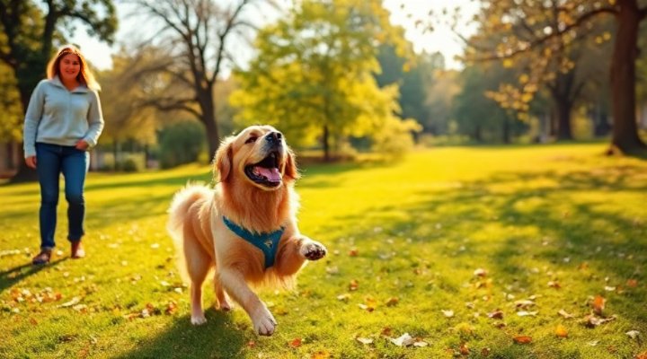 Overweight golden retriever enjoying playtime with caring owner in sunny park setting