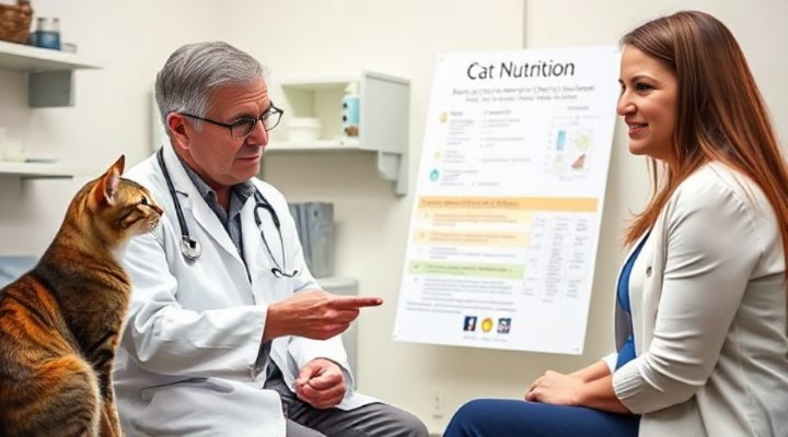 A caring veterinarian explaining dietary options to a pet owner for better cat health and training outcomes