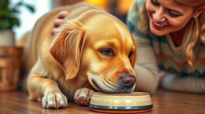 Senior golden retriever enjoying nutritious meal for skill building