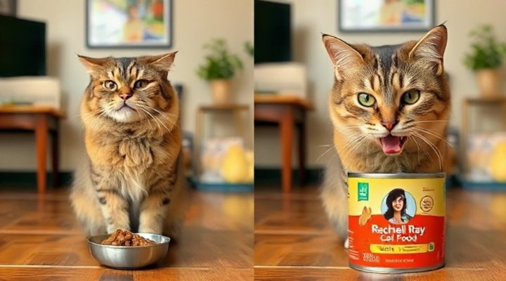 Side-by-side illustration showing improved cat feeding skills with Rachael Ray cat food