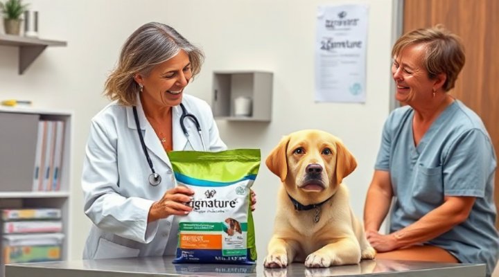 A veterinarian and pet owner reviewing Zignature dog food for allergy skills