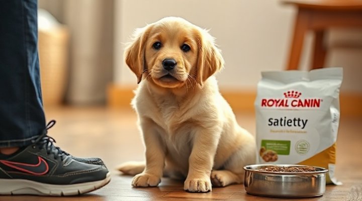 A cute golden retriever puppy sitting attentively during training with a bowl of Royal Canin satiety diet nearby