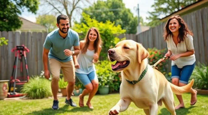 A happy family playing with their well-trained dog that benefits from freeze dried raw food