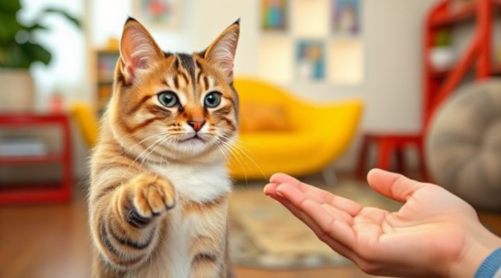An intelligent cat giving a high-five to a person