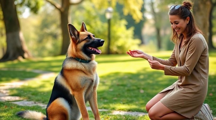 German shepherd successfully performing sit command during training session with attentive owner