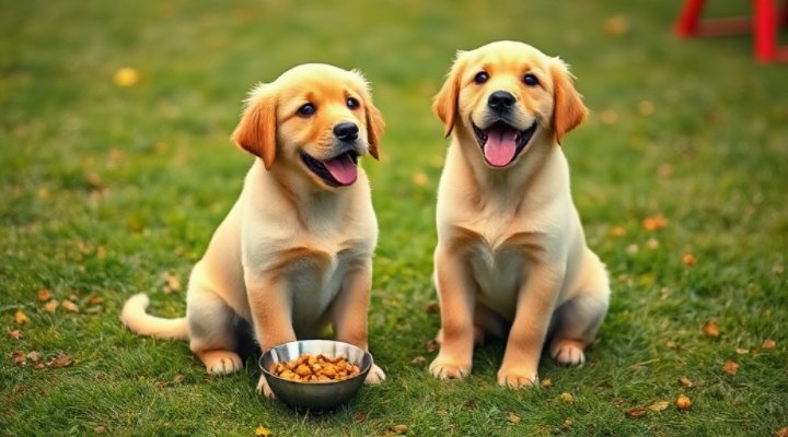 A cute golden retriever puppy sitting attentively with Jinx dog food treats in a training session