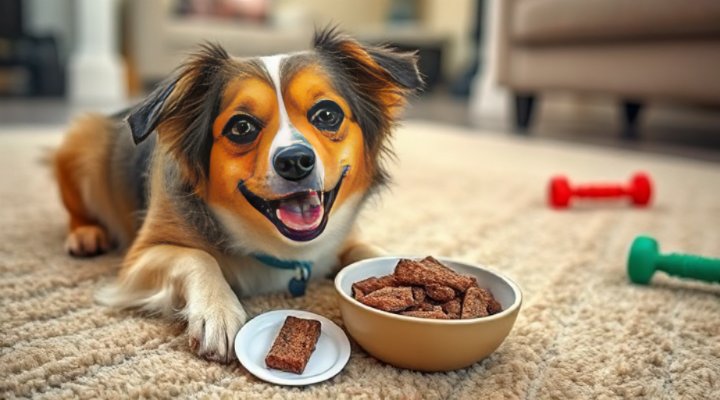 An adorable mixed-breed dog eagerly eating rehydrated freeze dried raw dog food with added water