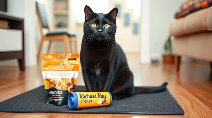 Well-behaved cat demonstrating results from Rachael Ray food-based training