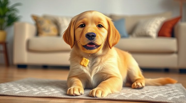 Cute golden retriever puppy sitting calmly with a calming treat in front of them