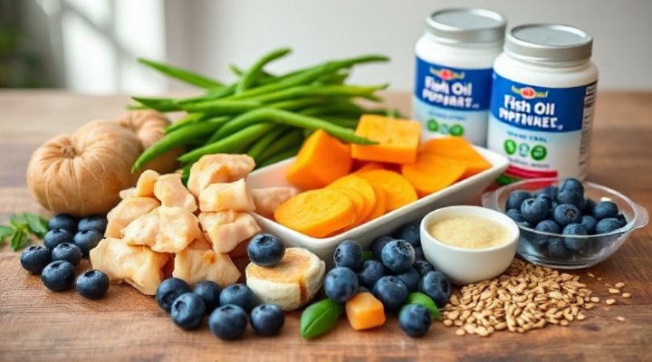 Assortment of healthy ingredients for senior dog food including lean proteins, vegetables, and supplements