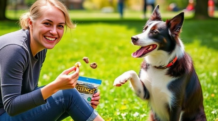 Pet owner using science diet treats for positive reinforcement training with happy dog
