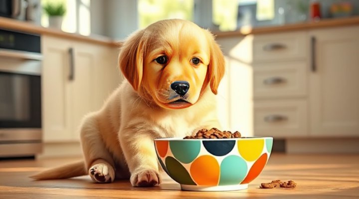 A cute golden retriever puppy happily eating freeze dried raw dog food from a ceramic bowl