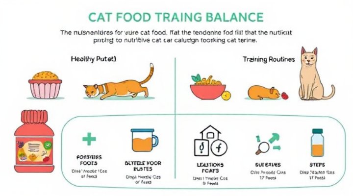 An educational infographic showing how to balance cat diet and training for overall health and obedience