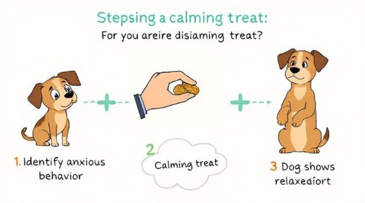 Illustration showing steps of using calming treats in dog training for anxiety management