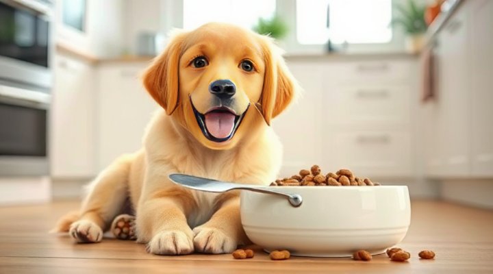 A cute golden retriever puppy enjoying limited ingredient dog food from a ceramic bowl, showcasing healthy eating habits