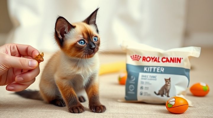 Young cat responding to training commands using Royal Canin food as positive reinforcement